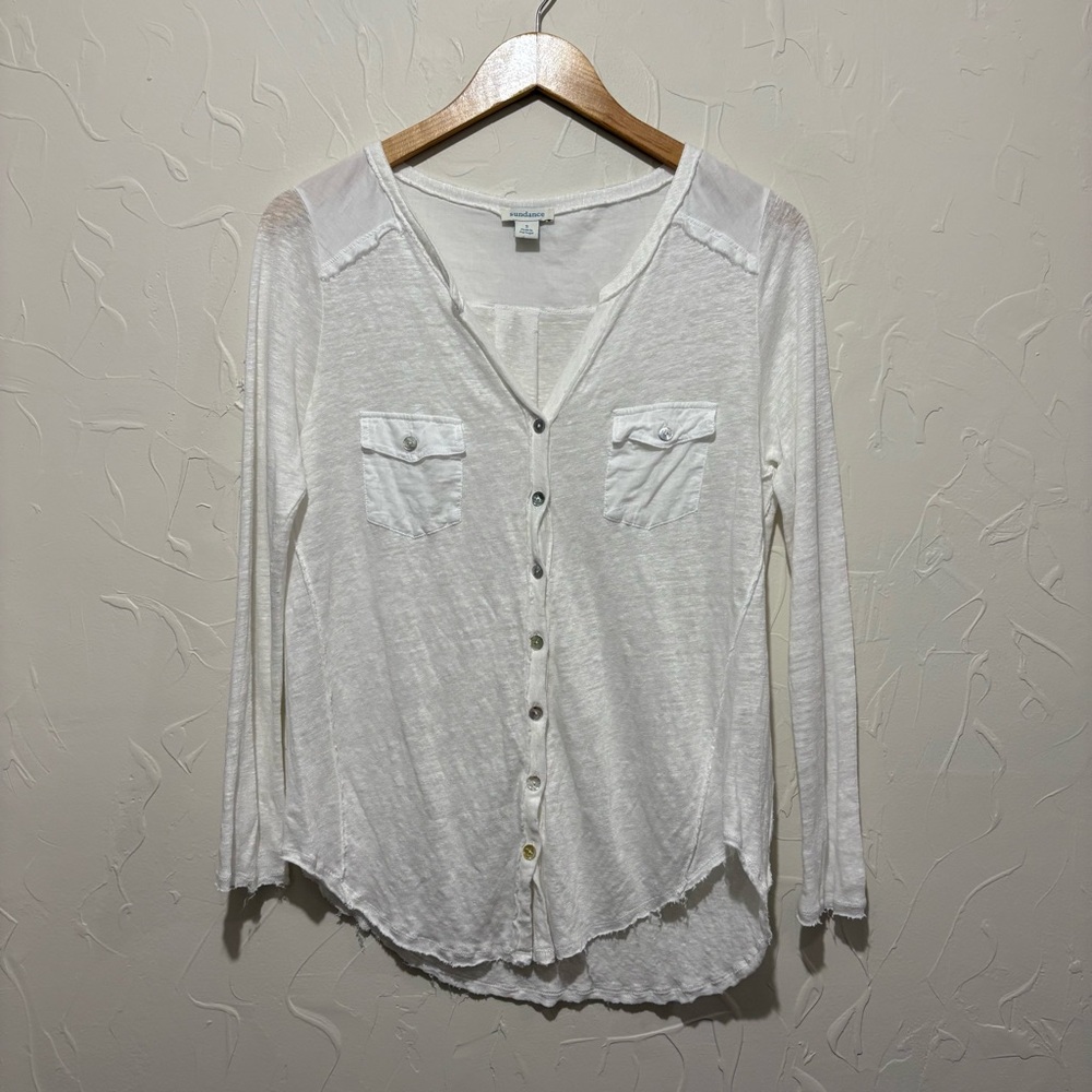 Sundance white 100% linen semi-sheer gauzey button-up blouse (small)